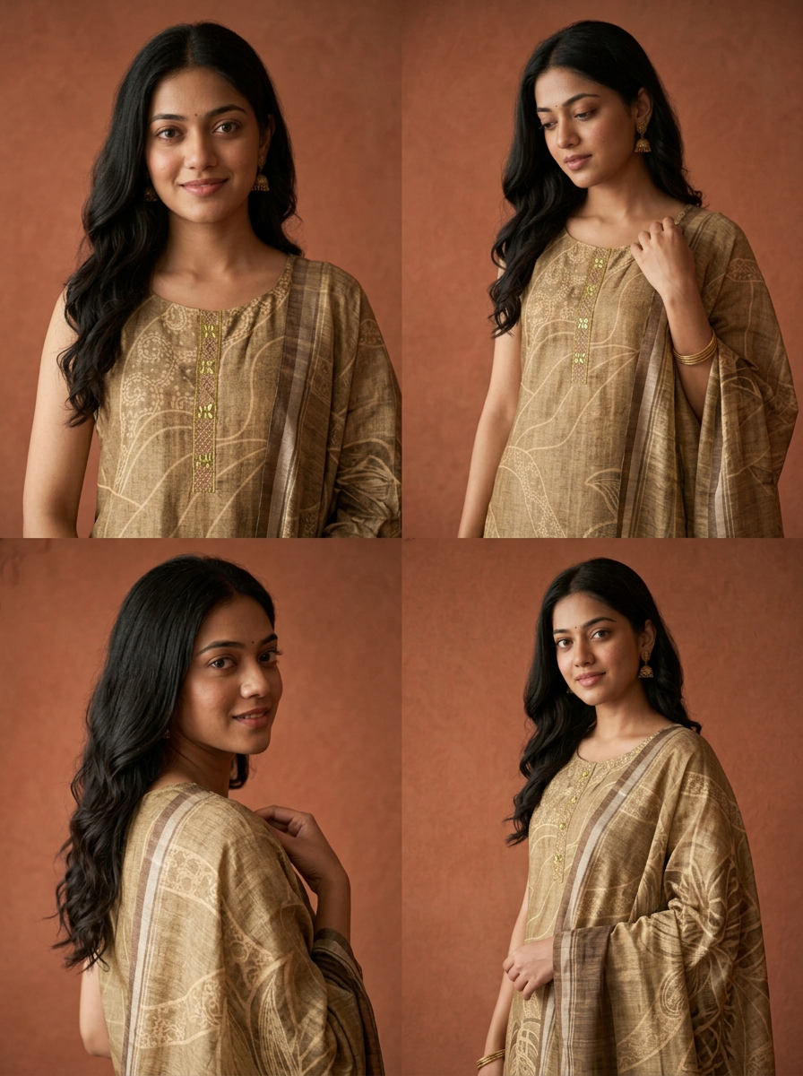 Mehadi Green Silk Tropical Leaf Printed Three Piece Set