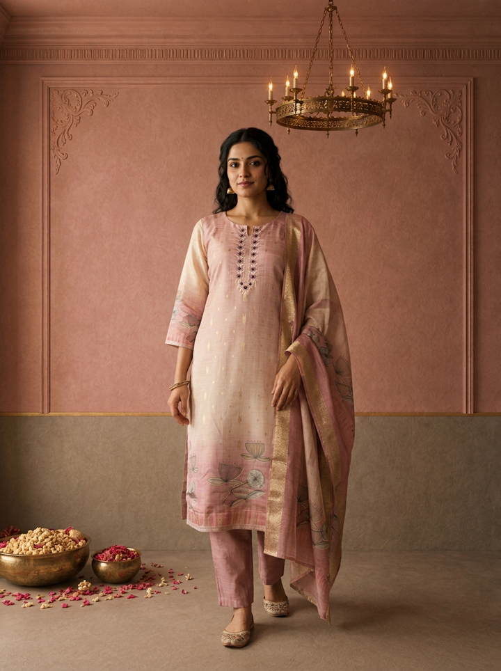 Onion Pink Silk Ombre Lotus Printed Three Piece Set
