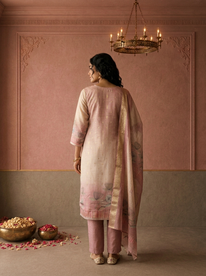 Onion Pink Silk Ombre Lotus Printed Three Piece Set