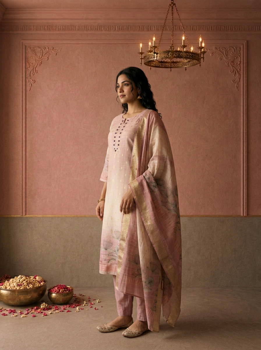 Onion Pink Silk Ombre Lotus Printed Three Piece Set
