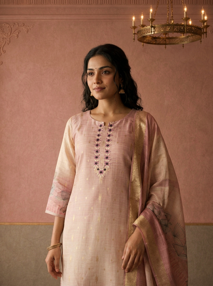 Onion Pink Silk Ombre Lotus Printed Three Piece Set