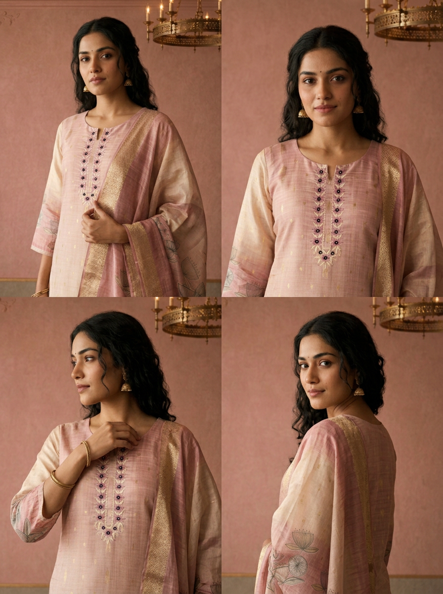 Onion Pink Silk Ombre Lotus Printed Three Piece Set
