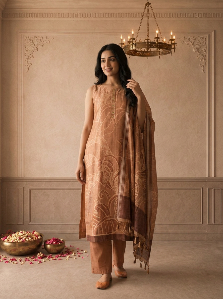 Peach Silk Tropical Leaf Printed Three Piece Set