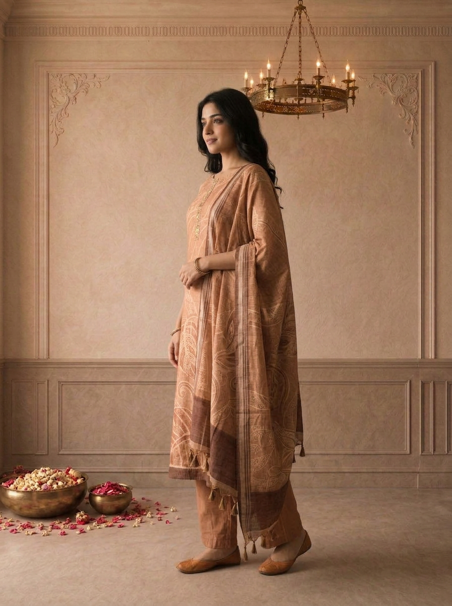 Peach Silk Tropical Leaf Printed Three Piece Set