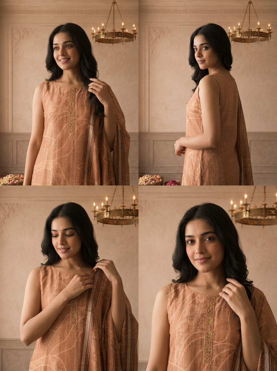 Peach Silk Tropical Leaf Printed Three Piece Set