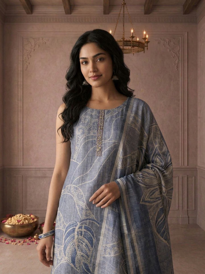 Blue Silk Tropical Leaf Printed Three Piece Set