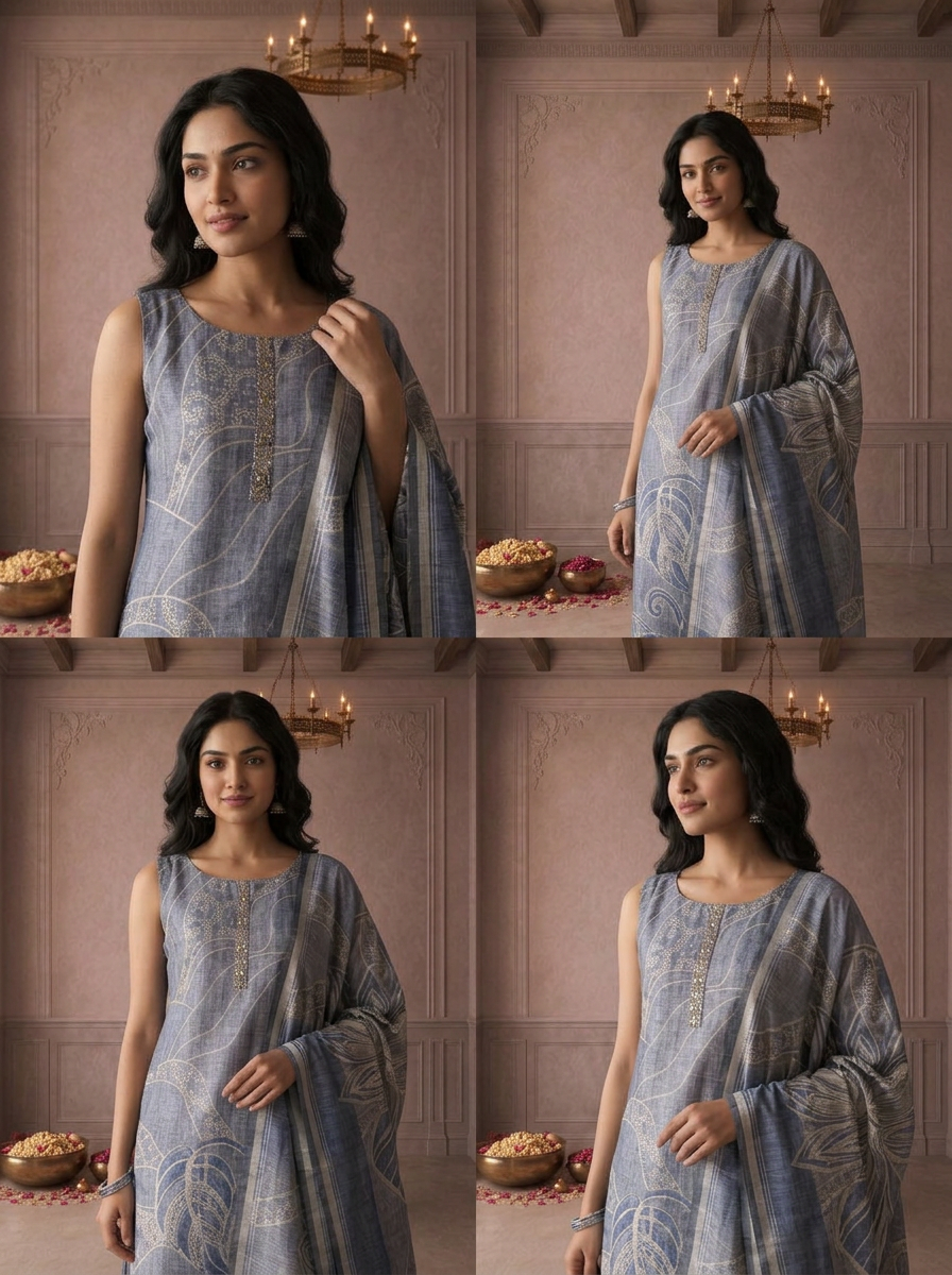 Blue Silk Tropical Leaf Printed Three Piece Set