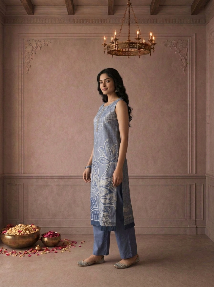 Blue Silk Tropical Leaf Printed Three Piece Set