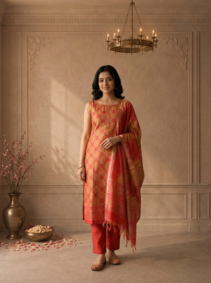 Mustard Silk Geometric Floral Printed Three Piece Set