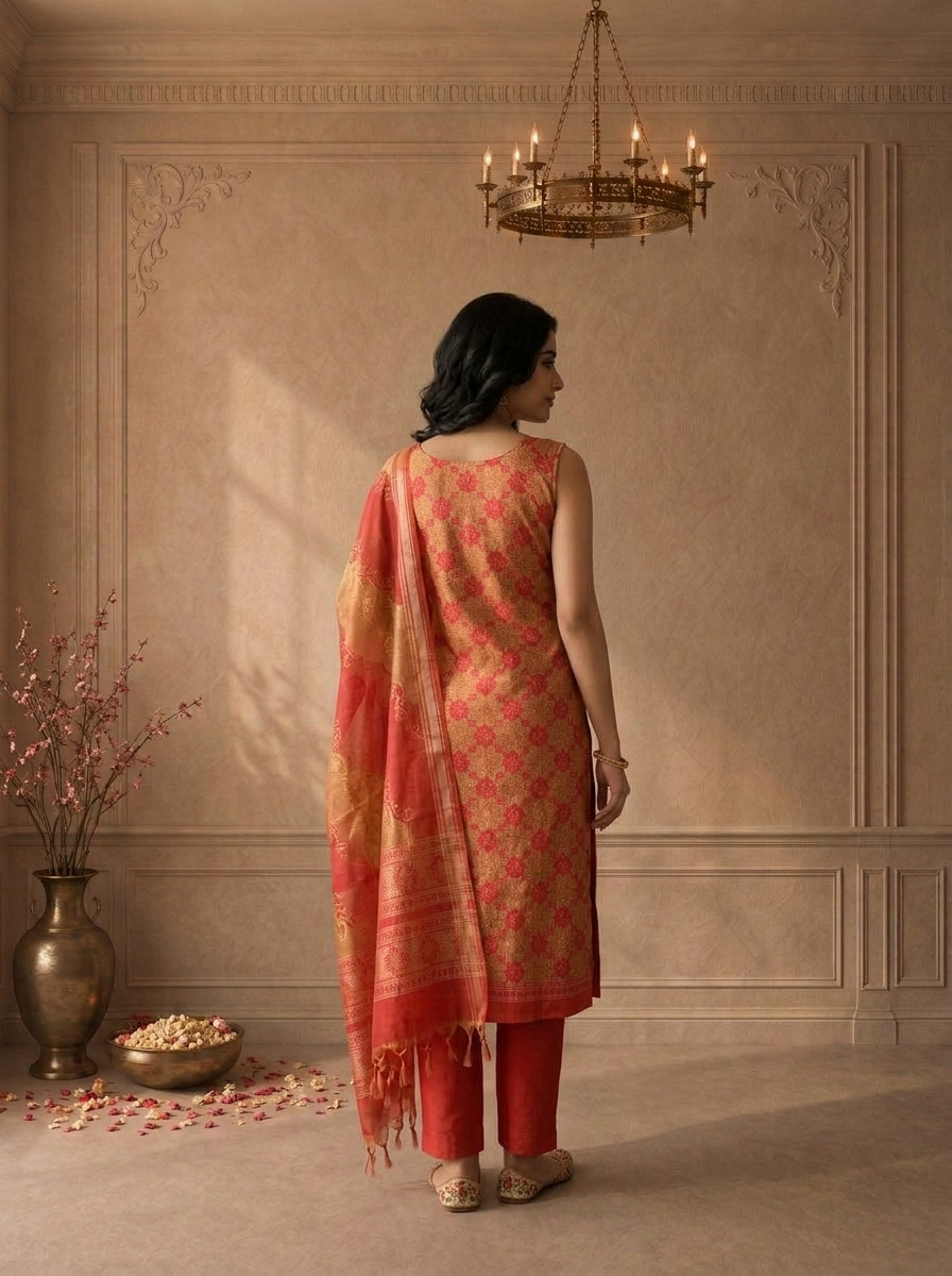 Mustard Silk Geometric Floral Printed Three Piece Set