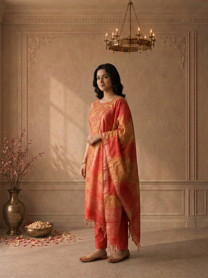Mustard Silk Geometric Floral Printed Three Piece Set