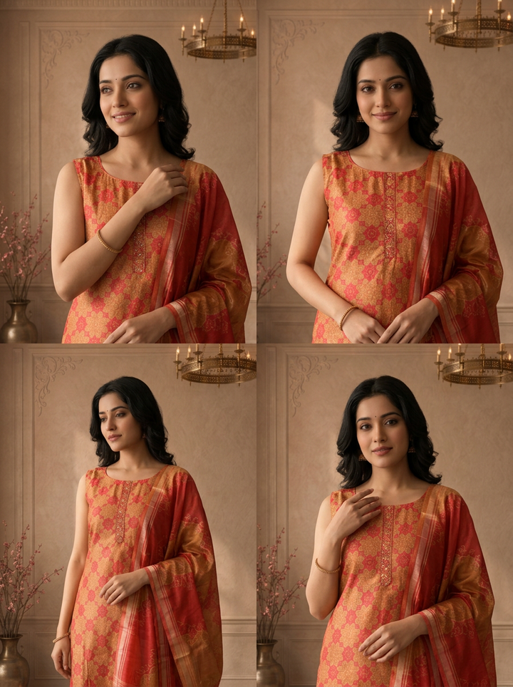 Mustard Silk Geometric Floral Printed Three Piece Set
