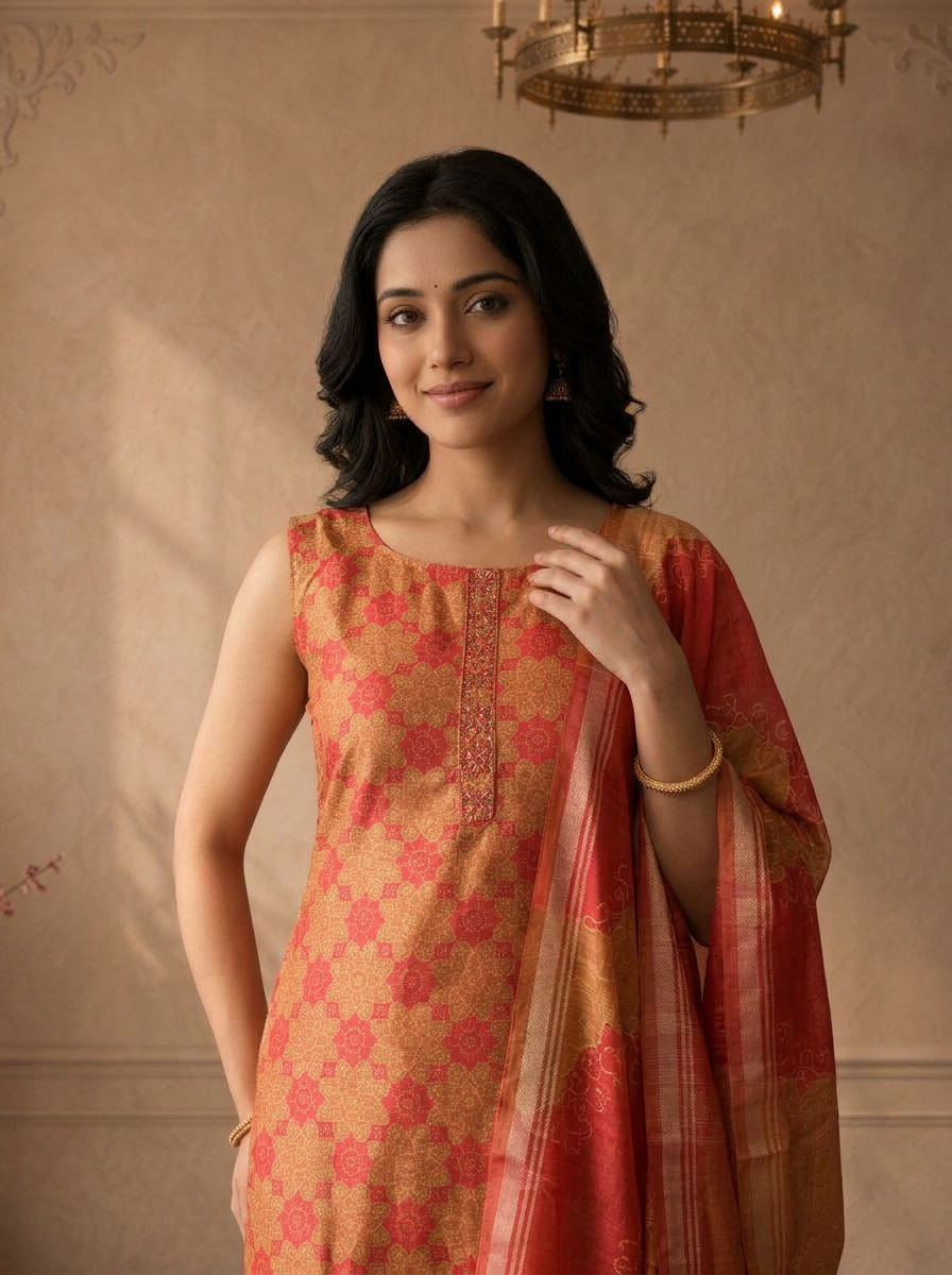 Mustard Silk Geometric Floral Printed Three Piece Set