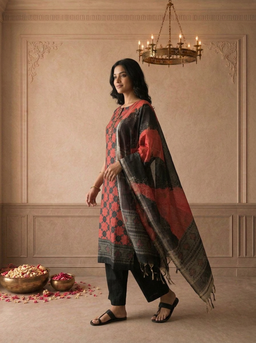 Black Silk Geometric Floral Printed Three Piece Set