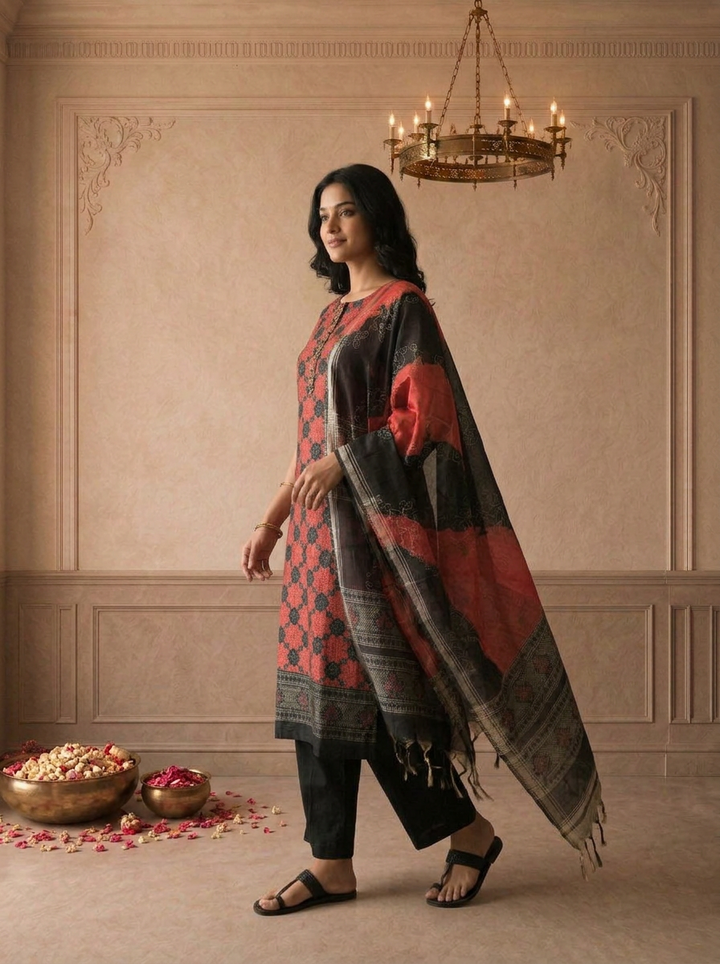 Black Silk Geometric Floral Printed Three Piece Set