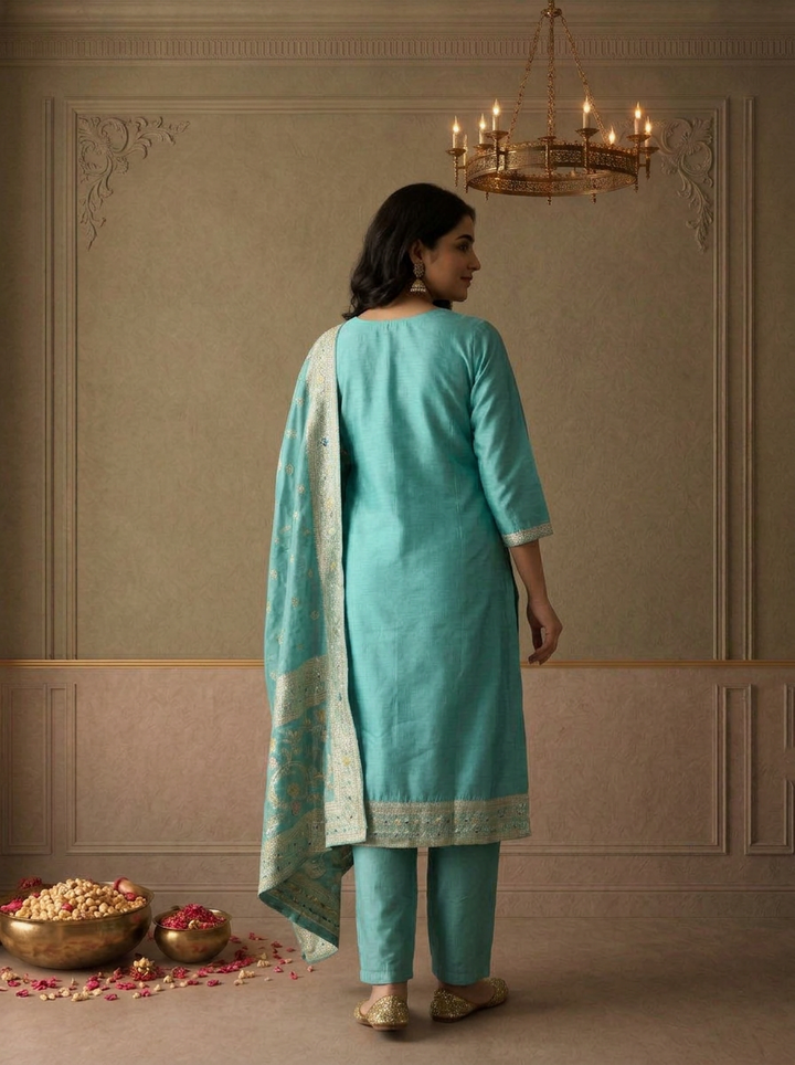 Ice Blue Silk Floral Jaal Zari Weaved Three Piece Set