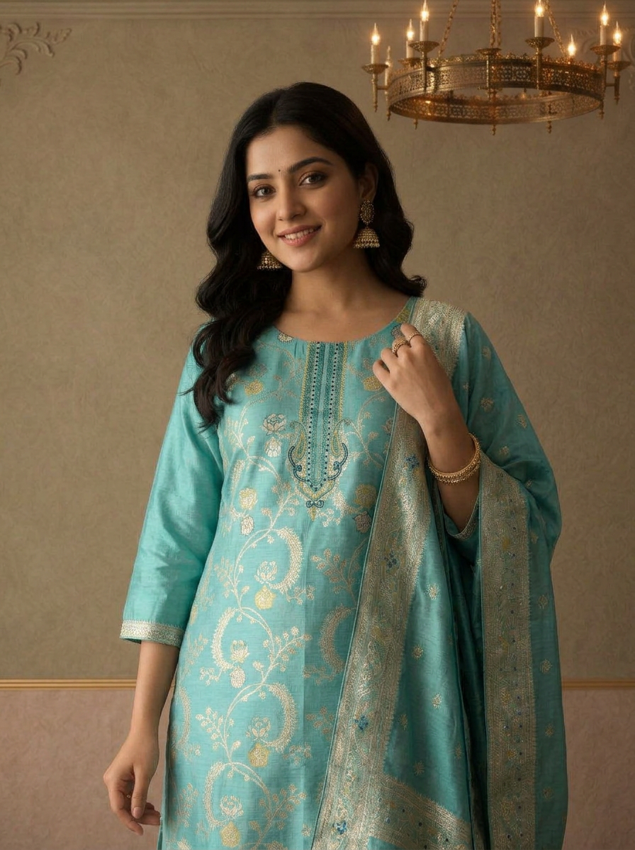 Ice Blue Silk Floral Jaal Zari Weaved Three Piece Set