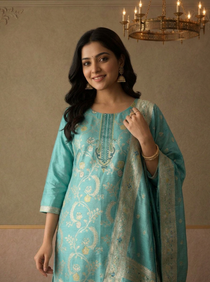 Ice Blue Silk Floral Jaal Zari Weaved Three Piece Set