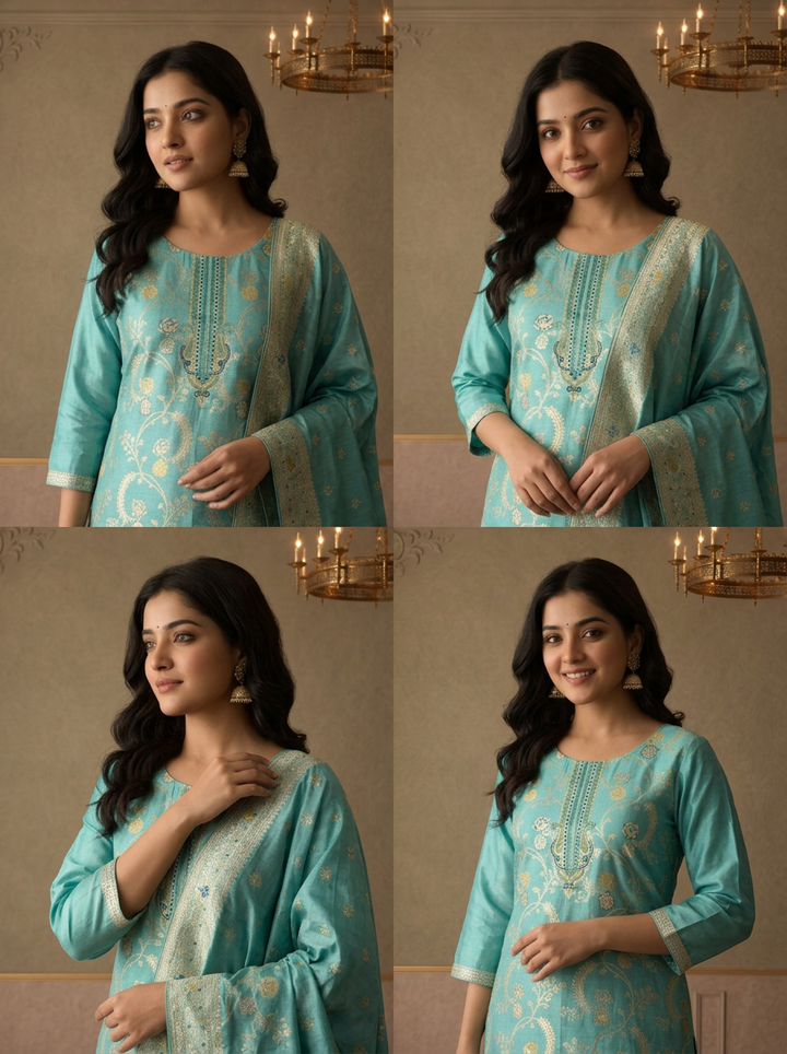 Ice Blue Silk Floral Jaal Zari Weaved Three Piece Set