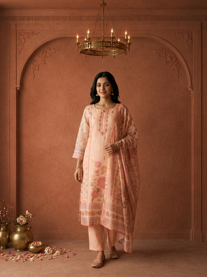 Peach Tissue Blossom Floral Printed Three Piece Set