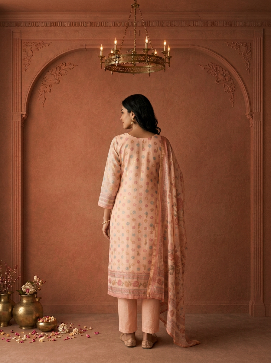 Peach Tissue Blossom Floral Printed Three Piece Set
