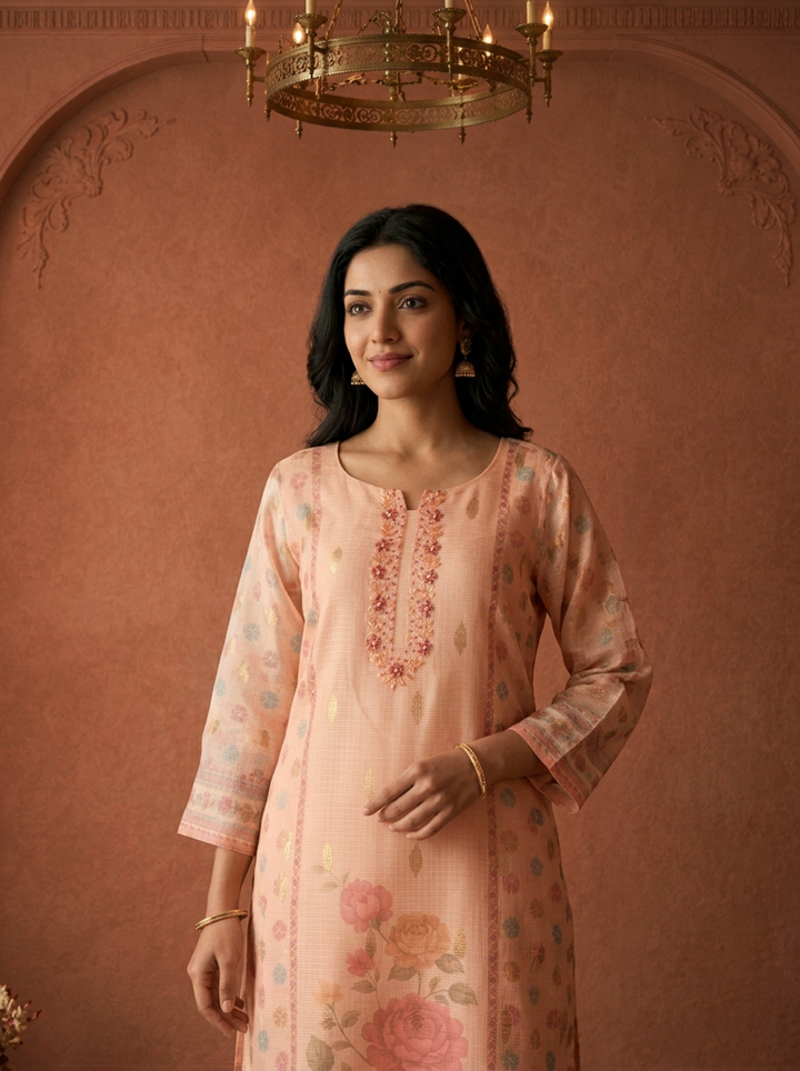 Peach Tissue Blossom Floral Printed Three Piece Set