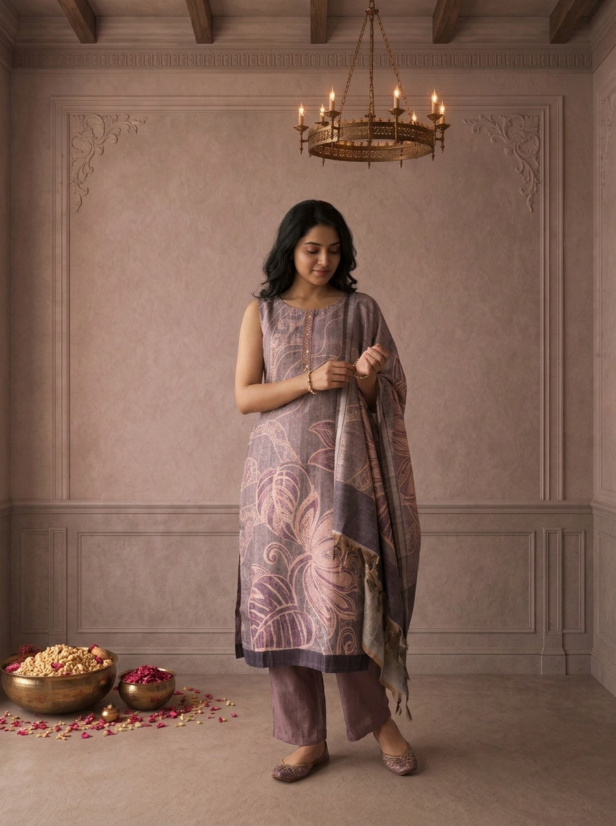 Lavender Silk Tropical Leaf Printed Three Piece Set