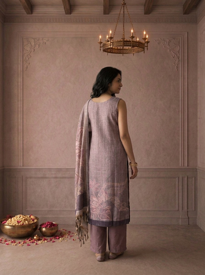 Lavender Silk Tropical Leaf Printed Three Piece Set