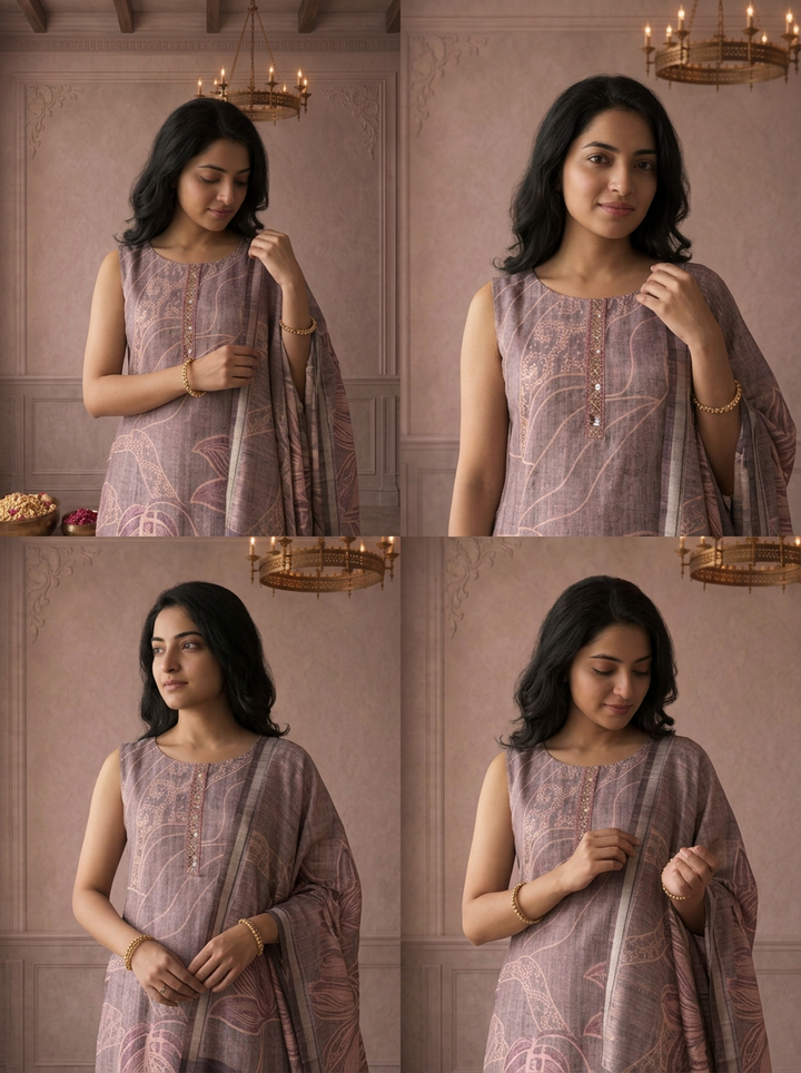 Lavender Silk Tropical Leaf Printed Three Piece Set