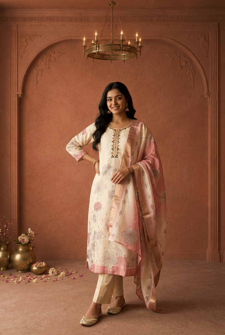 Cream Tissue Hydrangea Floral Printed Three Piece Set