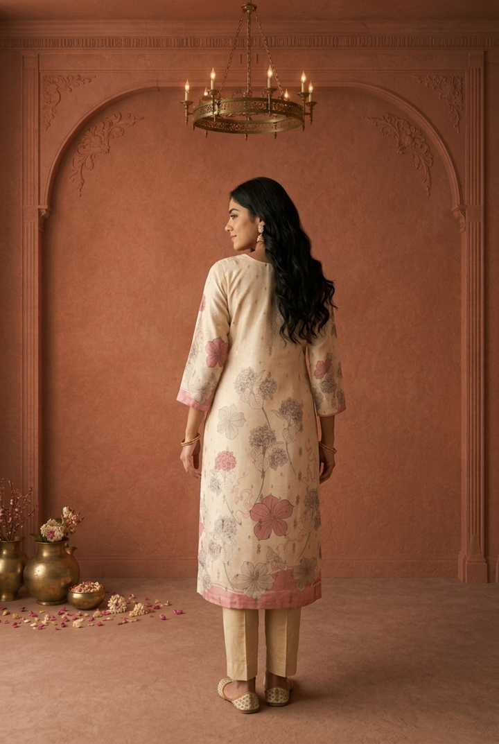 Cream Tissue Hydrangea Floral Printed Three Piece Set