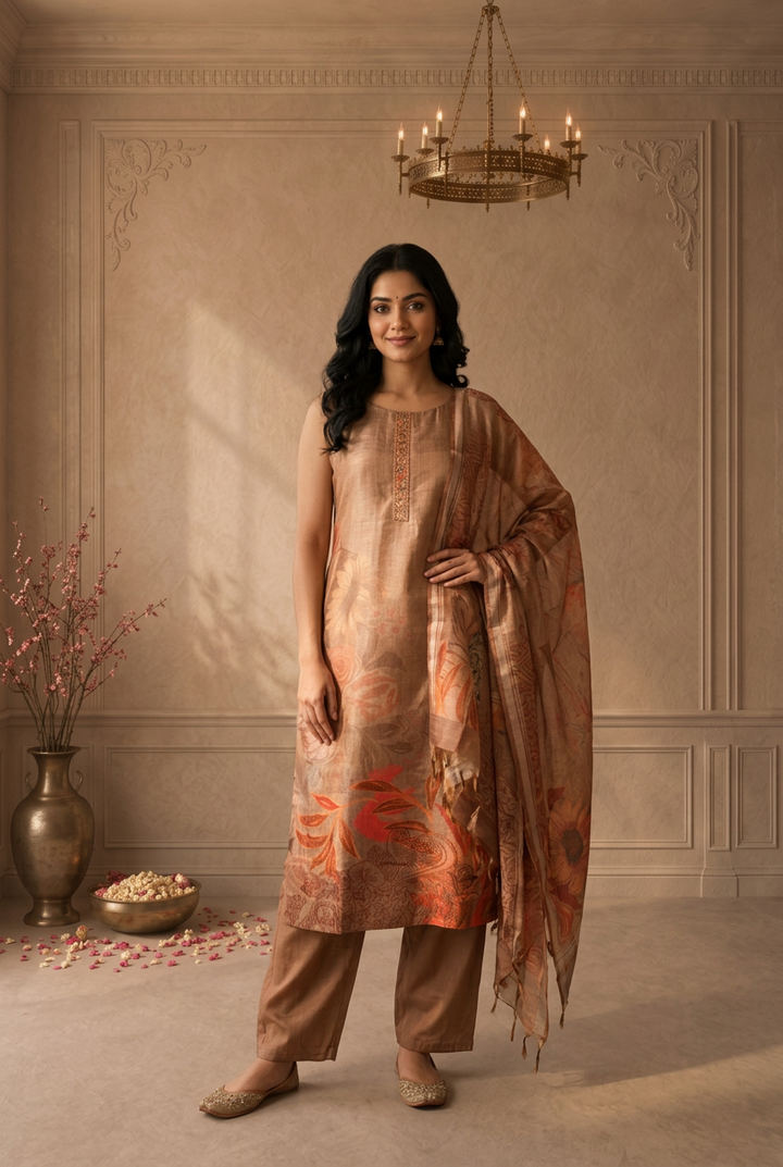 Beige Silk Tropical Floral Placement Printed Three Piece Set