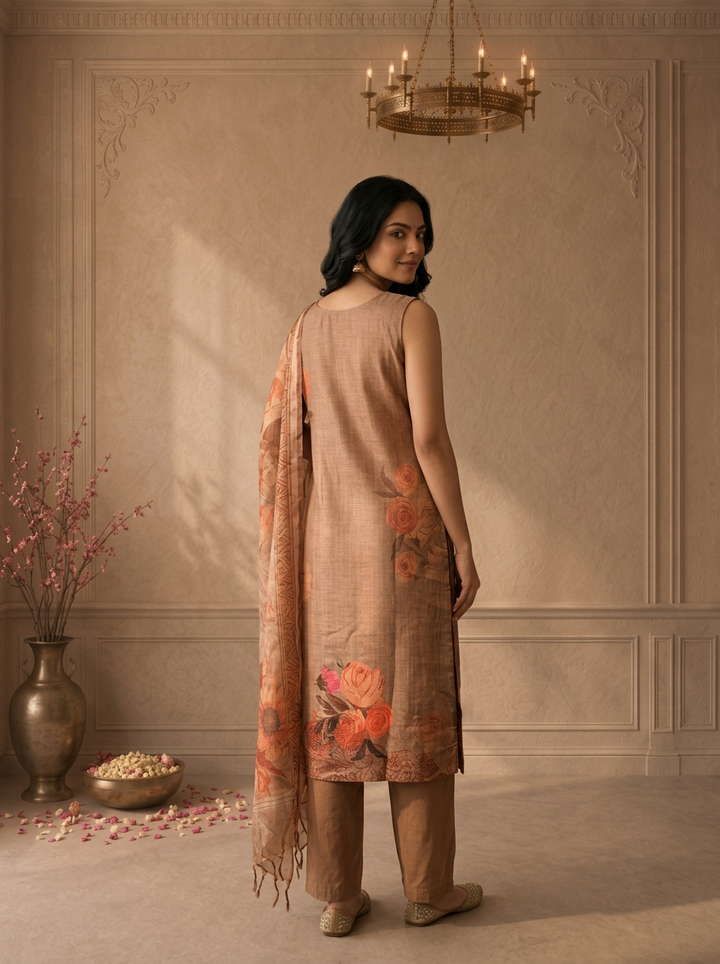 Beige Silk Tropical Floral Placement Printed Three Piece Set