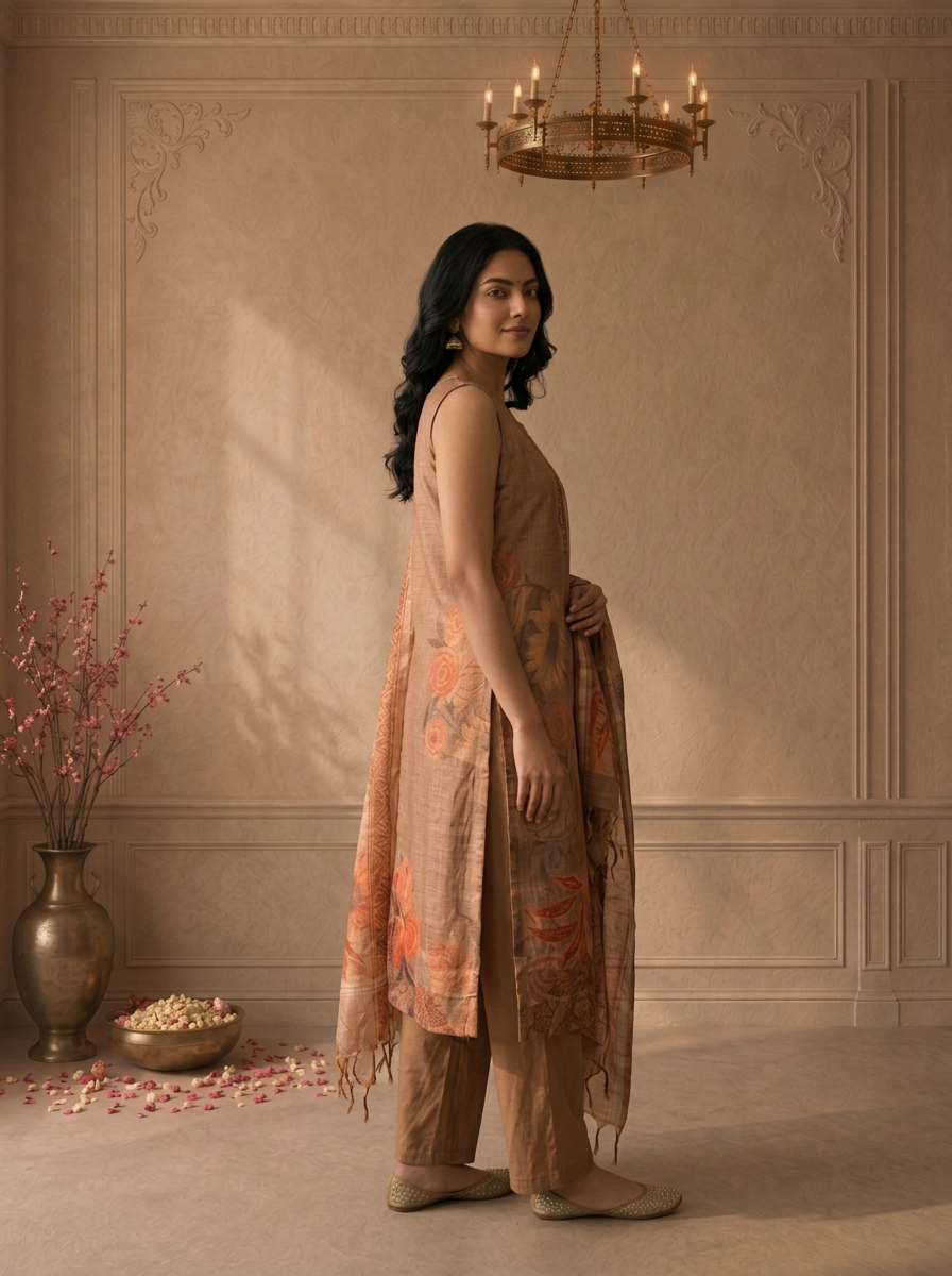 Beige Silk Tropical Floral Placement Printed Three Piece Set