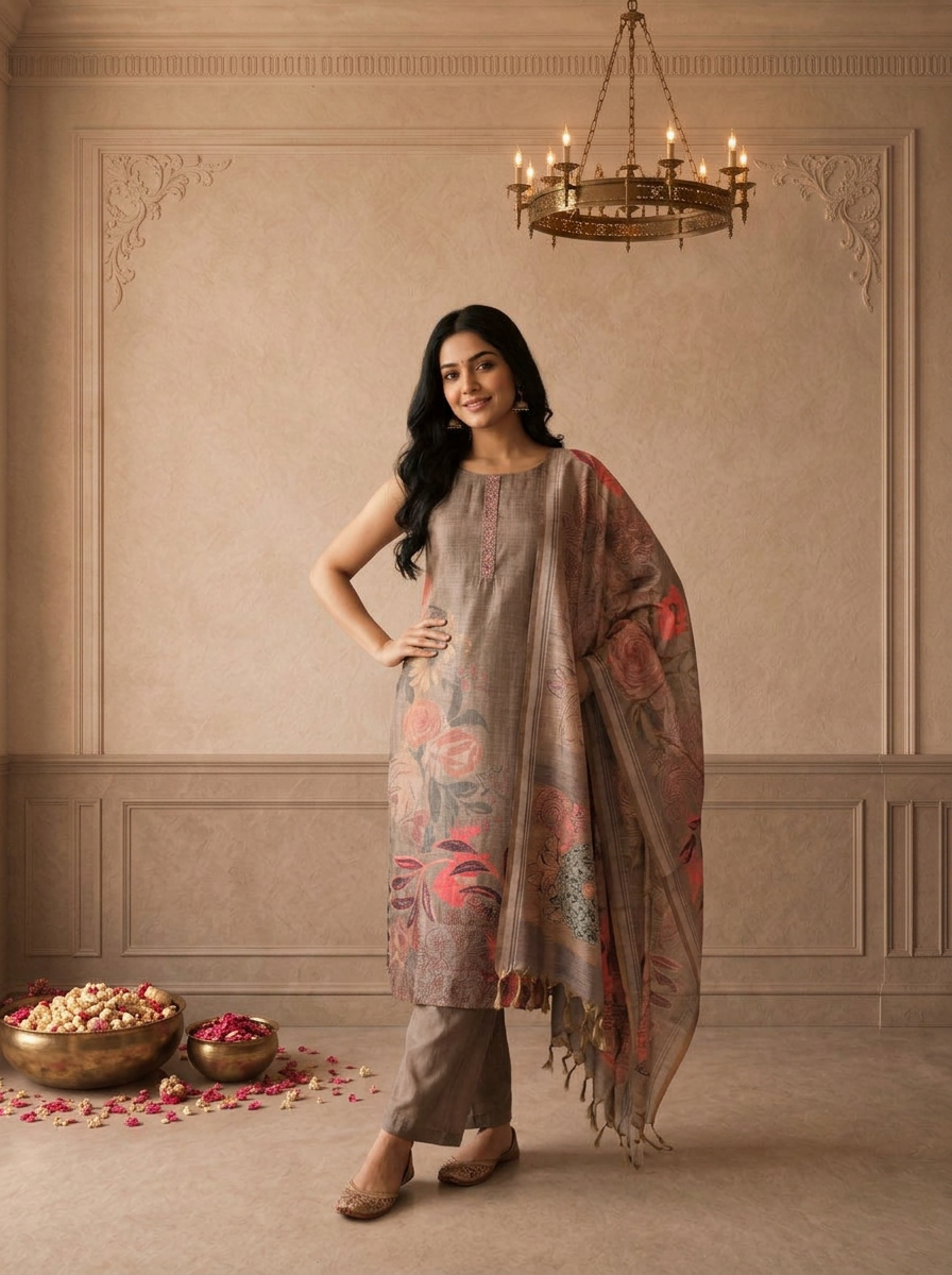 Brown Silk Tropical Floral Placement Printed Three Piece Set
