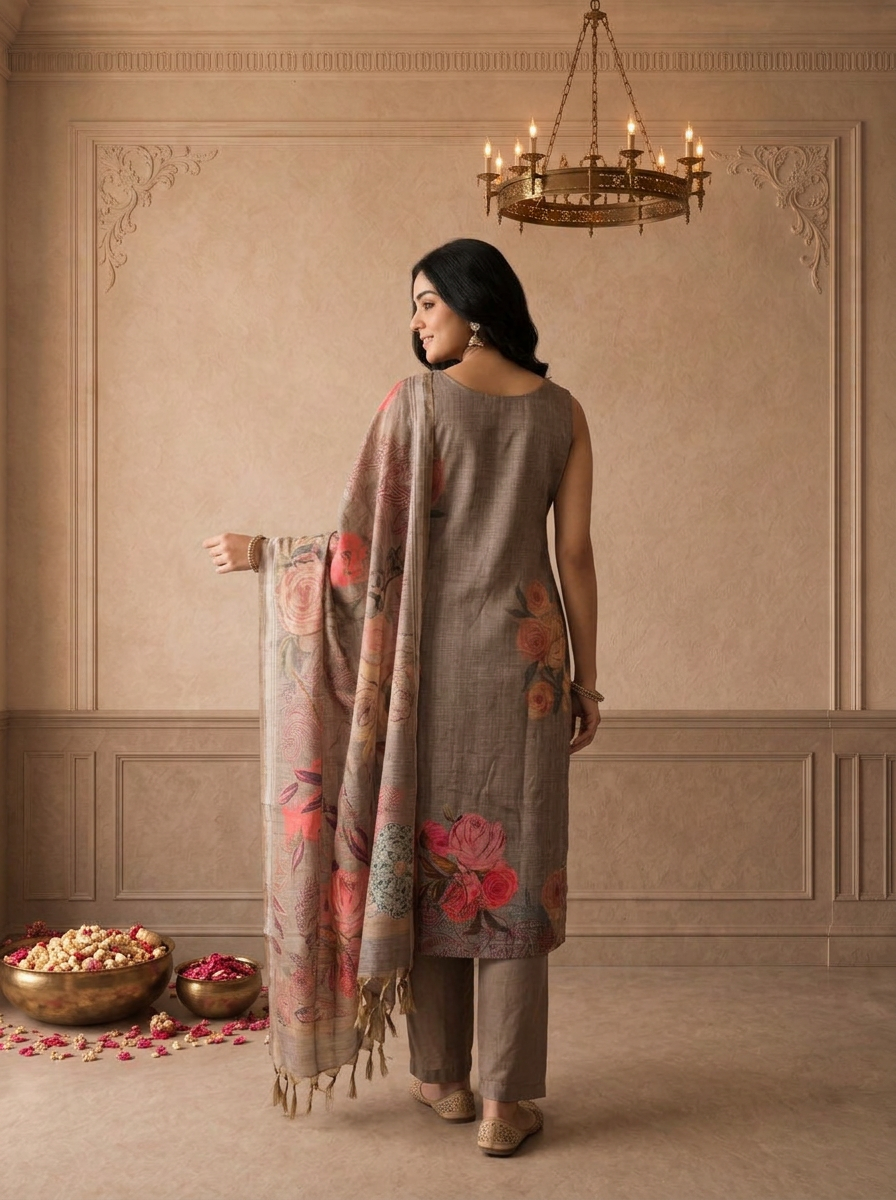 Brown Silk Tropical Floral Placement Printed Three Piece Set