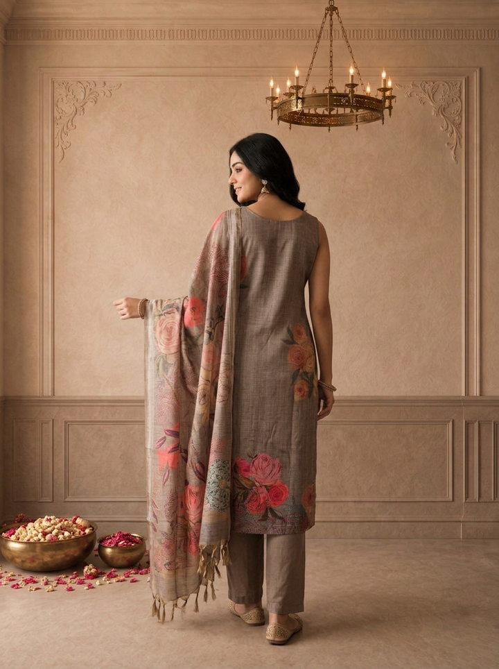 Brown Silk Tropical Floral Placement Printed Three Piece Set