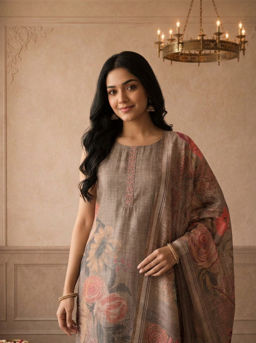 Brown Silk Tropical Floral Placement Printed Three Piece Set