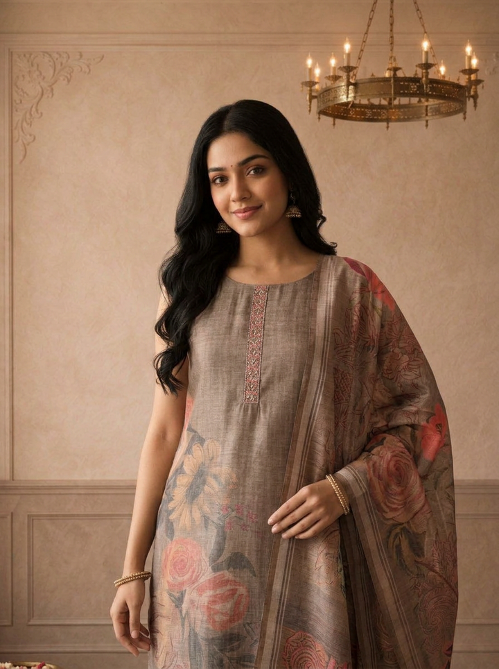 Brown Silk Tropical Floral Placement Printed Three Piece Set