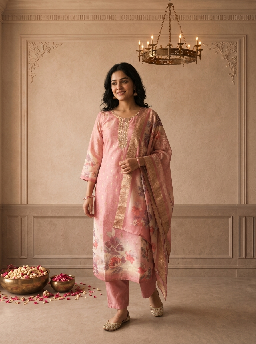 Onion Pink Tissue Vintage Rose Printed Three Piece Set