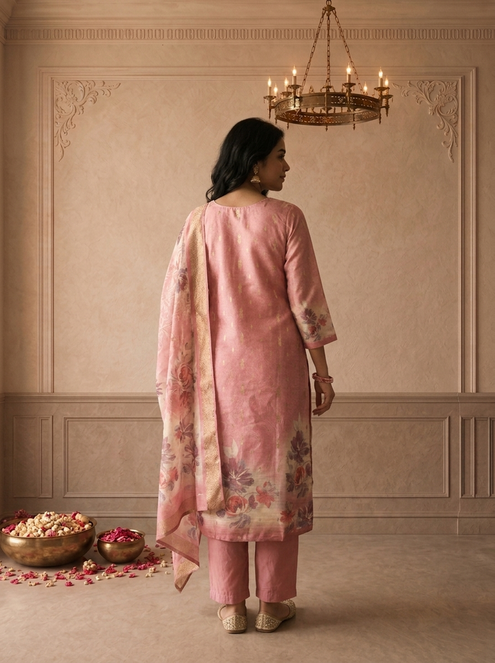 Onion Pink Tissue Vintage Rose Printed Three Piece Set