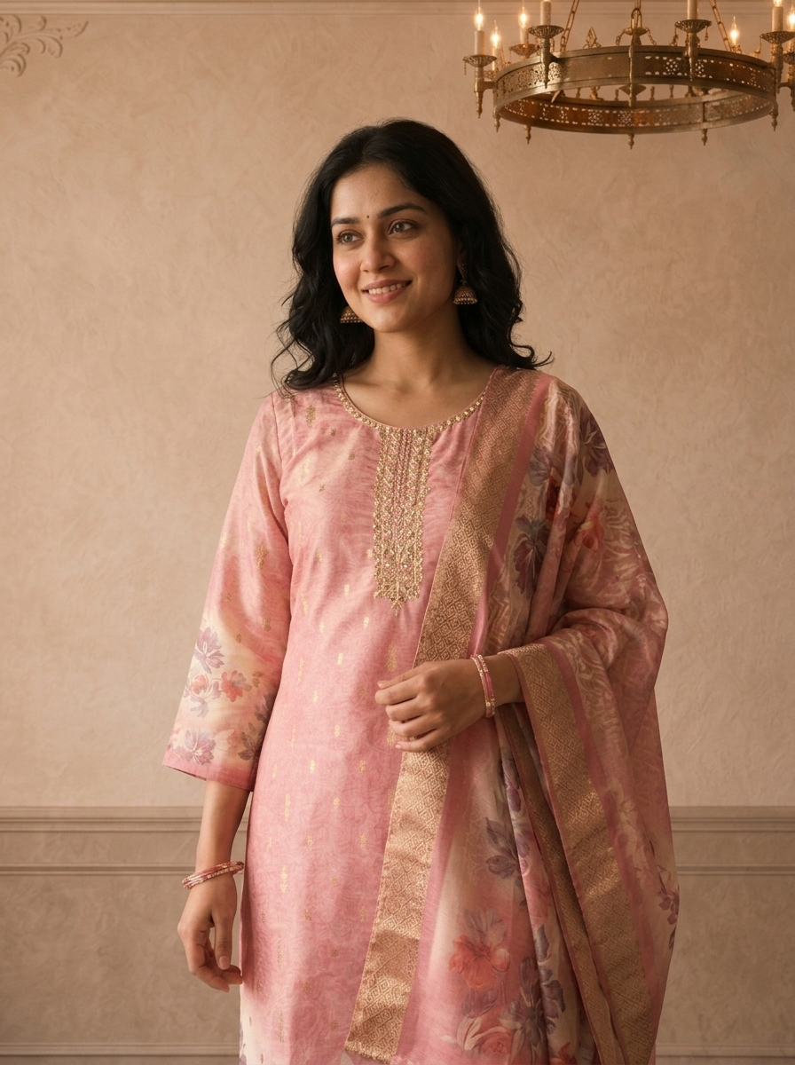 Onion Pink Tissue Vintage Rose Printed Three Piece Set