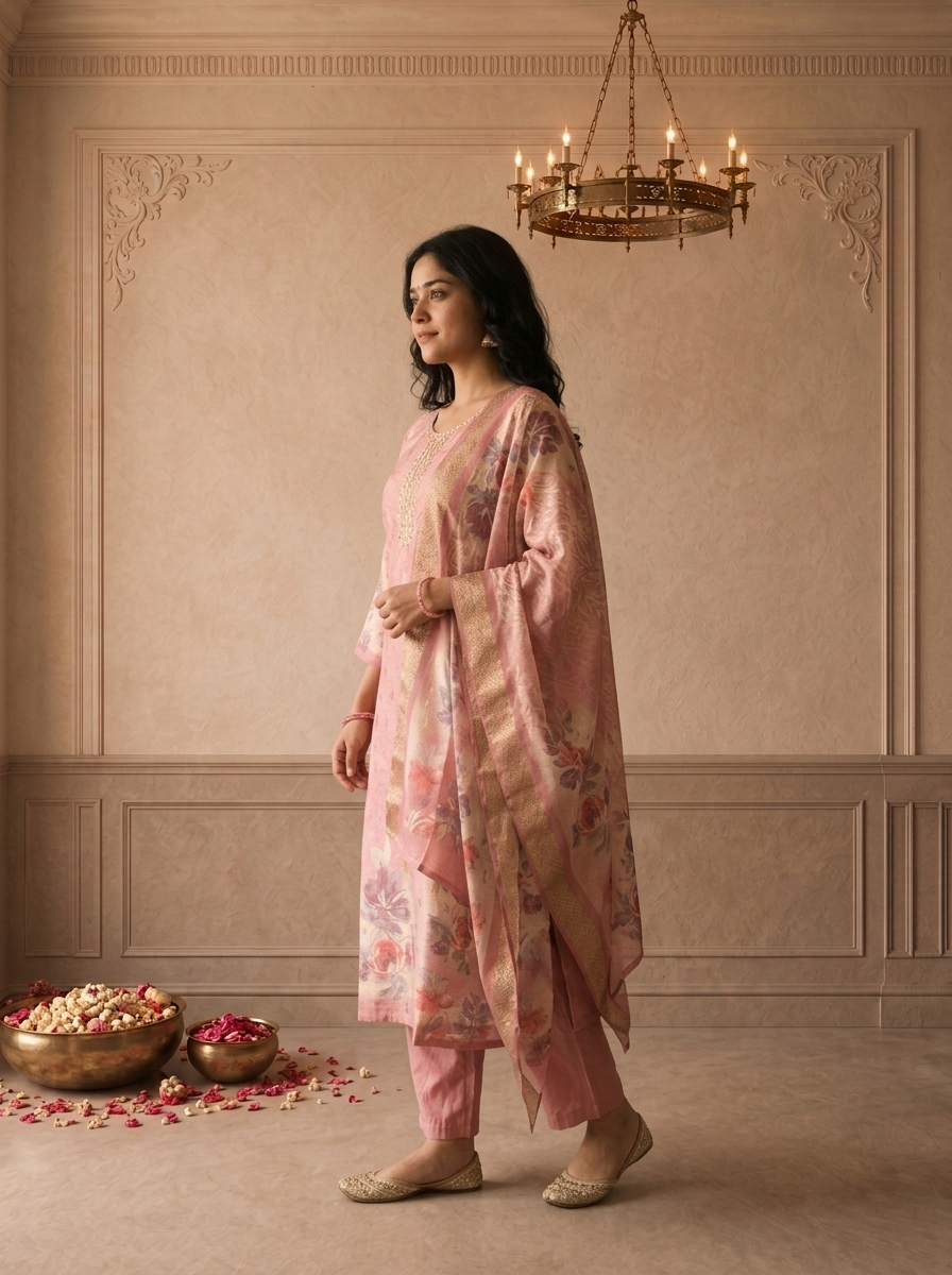 Onion Pink Tissue Vintage Rose Printed Three Piece Set