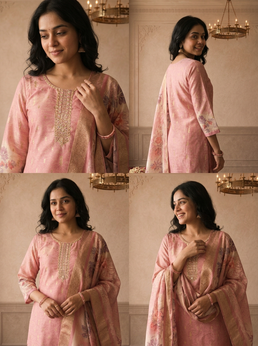Onion Pink Tissue Vintage Rose Printed Three Piece Set
