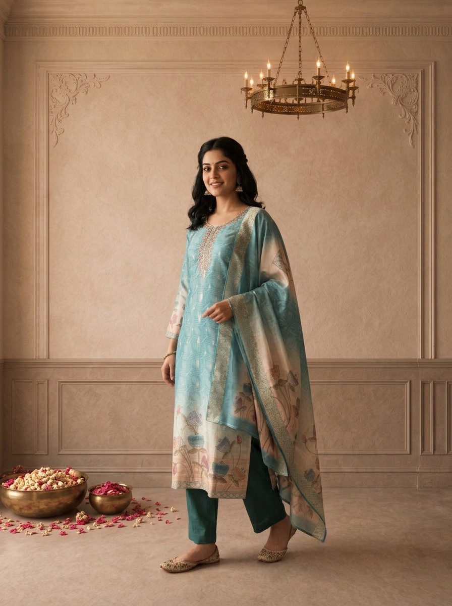 Sea Green Tissue Ombre Tulip Printed Three Piece Set