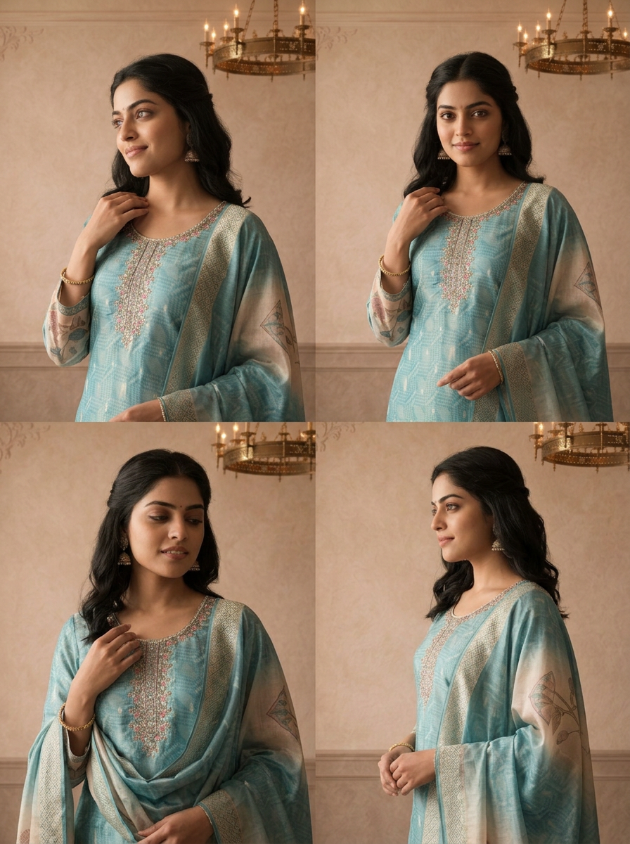 Sea Green Tissue Ombre Tulip Printed Three Piece Set