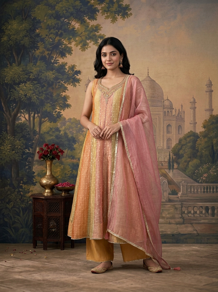 Multicolor Tissue Zari Striped Buti Weaved Three Piece Set
