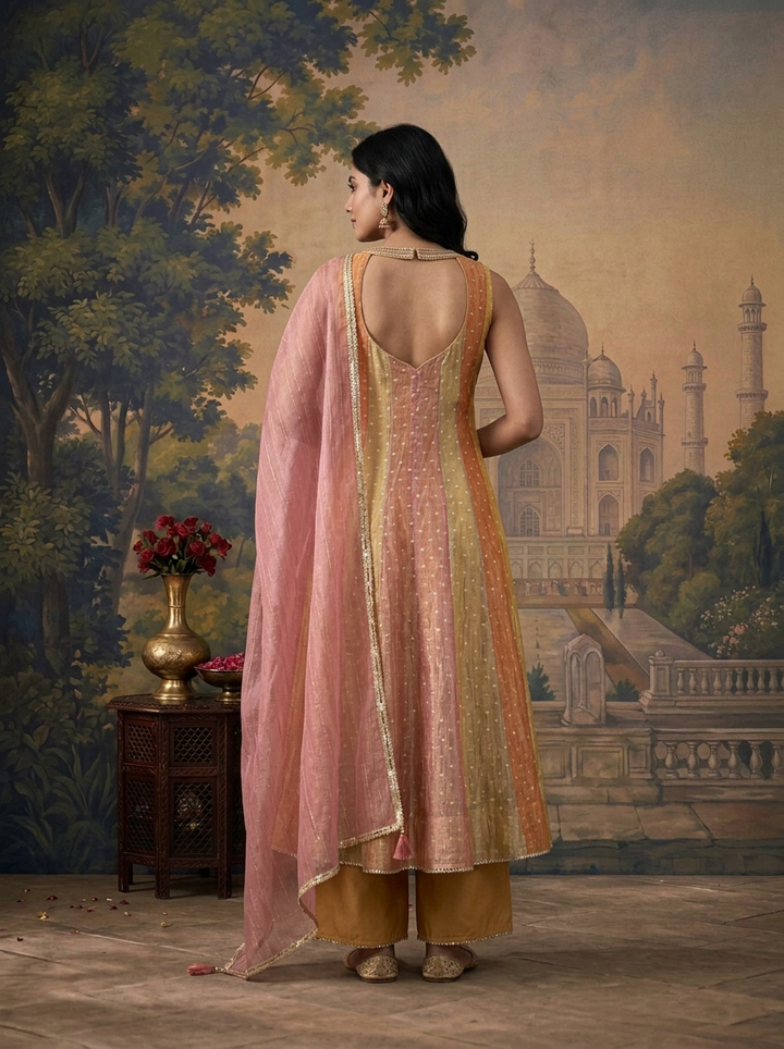 Multicolor Tissue Zari Striped Buti Weaved Three Piece Set