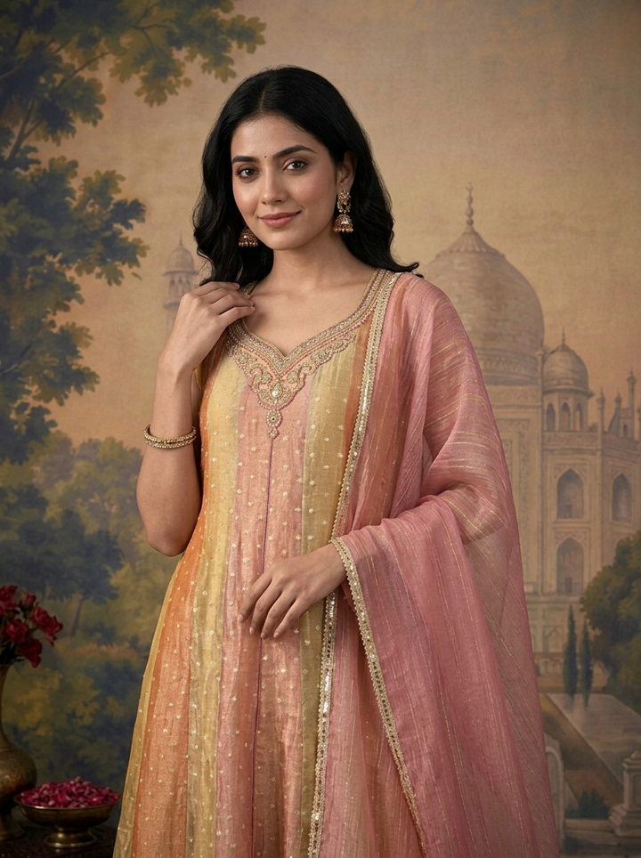 Multicolor Tissue Zari Striped Buti Weaved Three Piece Set