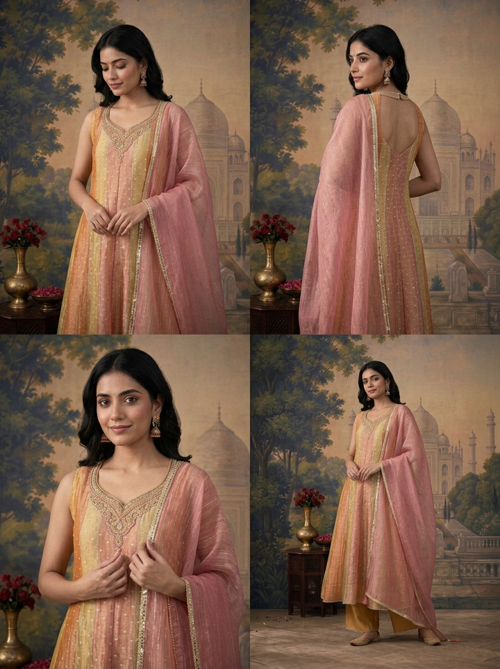 Multicolor Tissue Zari Striped Buti Weaved Three Piece Set
